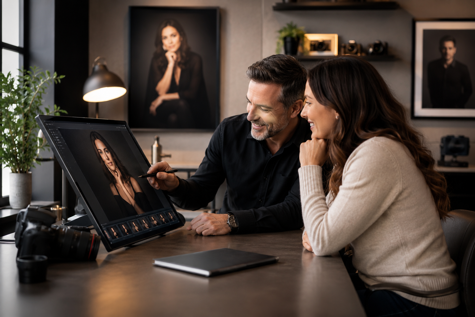 Photographer reviewing portrait images with a client in a studio